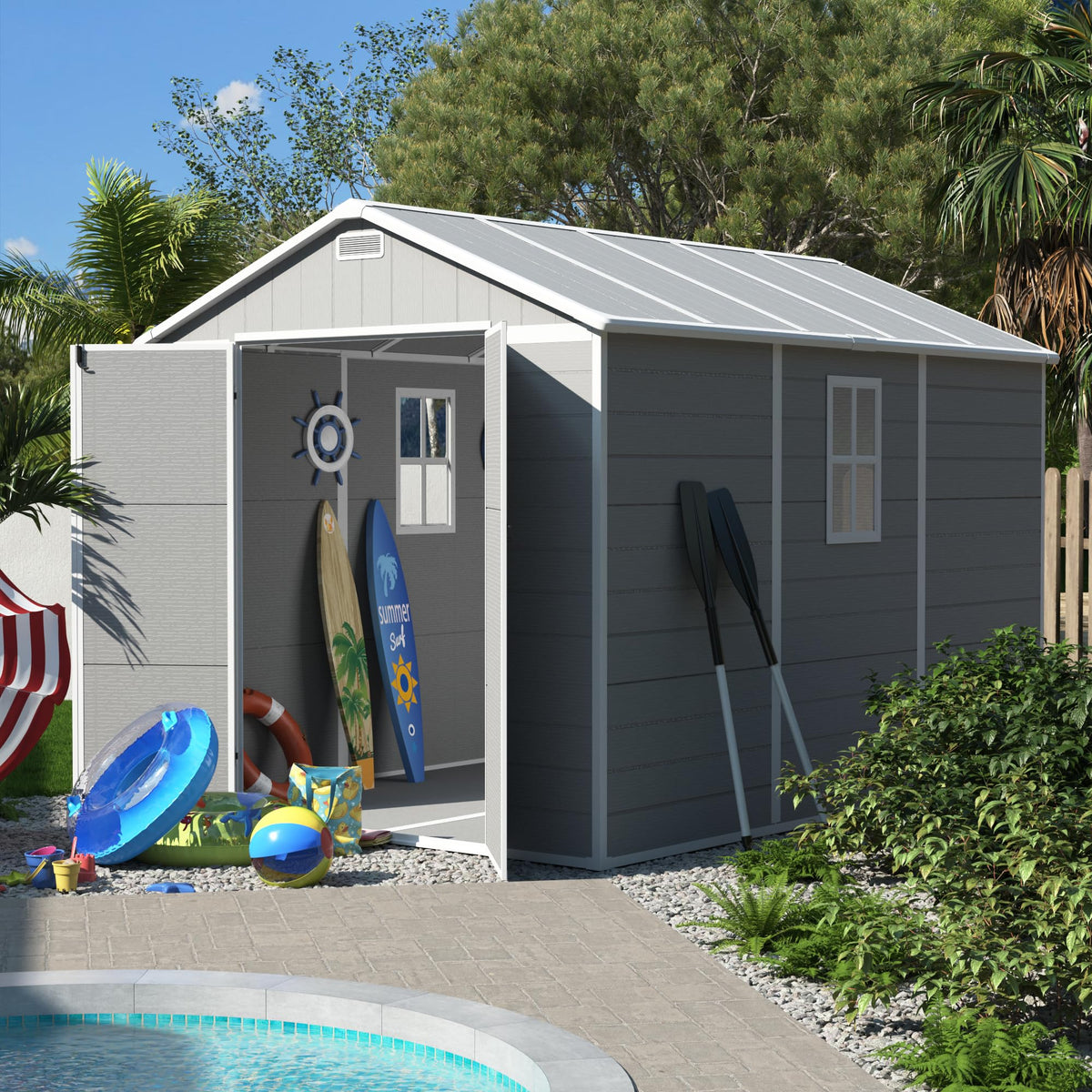 Plastic Storage Shed 7.5x10FT Grey White H9884